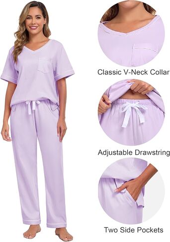 CF Women's 100% Cotton Pajama Sets Soft Short Sleeve Tops & Pants Comfy Sleepwear 2 Piece Lounge set with Pockets Loungewear in Kuwait