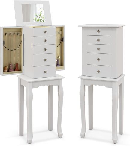 Goflame Dacking Jewelry Armoire Cabinet مع مرآة قمة أعلى ، صندوق مربع للمجوهرات مع 4 أدراج ، مقصورات أعلى ، 8 خطافات قلادة وأبواب جانبية ، منظم تخزين المجوهرات لغرفة النوم (أسود) in Kuwait