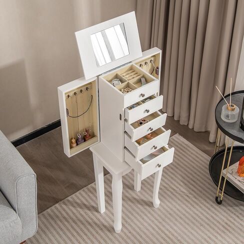 Goflame Dacking Jewelry Armoire Cabinet مع مرآة قمة أعلى ، صندوق مربع للمجوهرات مع 4 أدراج ، مقصورات أعلى ، 8 خطافات قلادة وأبواب جانبية ، منظم تخزين المجوهرات لغرفة النوم (أسود) in Kuwait