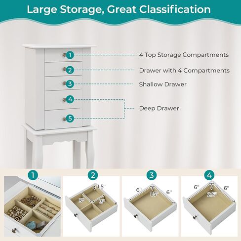 Goflame Dacking Jewelry Armoire Cabinet مع مرآة قمة أعلى ، صندوق مربع للمجوهرات مع 4 أدراج ، مقصورات أعلى ، 8 خطافات قلادة وأبواب جانبية ، منظم تخزين المجوهرات لغرفة النوم (أسود) in Kuwait