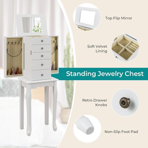 Goflame Dacking Jewelry Armoire Cabinet مع مرآة قمة أعلى ، صندوق مربع للمجوهرات مع 4 أدراج ، مقصورات أعلى ، 8 خطافات قلادة وأبواب جانبية ، منظم تخزين المجوهرات لغرفة النوم (أسود) in Kuwait