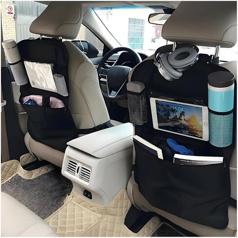 2 PCS Car Backseat Organizer, Heavy Duty Seat Back Storage Bag with Touch Screen Tablet Holder, Waterproof Kick Mats Back Seat Protector for Kids Toddlers, Car Accessories (Zipper) in Kuwait