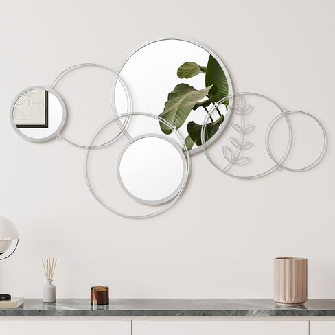 Hicarer 4 Pcs 11.81'' 13.78'' Decorative Wall Mirror Modern Metal Wall Mirrors for Living Room Decor Circle Plates Black Overlapping Decorations Wall Decor Set for Hallway Entryway in Saudi Arabia