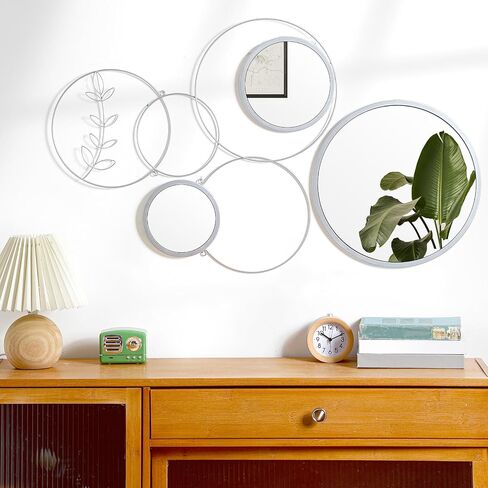 Hicarer 4 Pcs 11.81'' 13.78'' Decorative Wall Mirror Modern Metal Wall Mirrors for Living Room Decor Circle Plates Black Overlapping Decorations Wall Decor Set for Hallway Entryway in Saudi Arabia