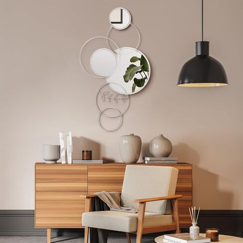 Hicarer 4 Pcs 11.81'' 13.78'' Decorative Wall Mirror Modern Metal Wall Mirrors for Living Room Decor Circle Plates Black Overlapping Decorations Wall Decor Set for Hallway Entryway in Saudi Arabia