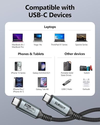 SUNGUY USB C 3.2 Gen 2 Cable 1.5FT, 240W USB C to USB C Cable Fast Charging, 20Gbps Data Transfer, 4K Video Output USB C Monitor Cable for iPhone 15/15 Pro/15 Pro Max, Samsung, MacBook Air/Pro in Kuwait