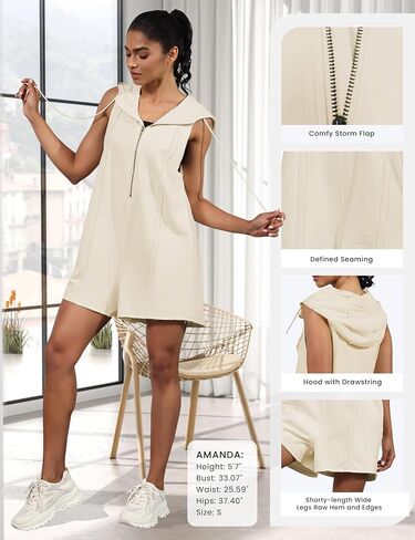 Rompers for Women Athletic Workout Hooded Romper Casual Zip-Front Neck Jumpsuits Overalls with Pockets in Kuwait