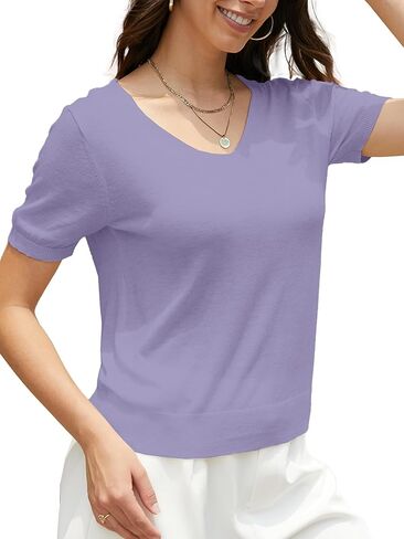 SANGTREE Women's Short Sleeve Sweaters Tops Solid V Neck Knit Casual Soft Pullover in Kuwait