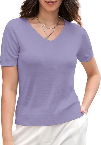 SANGTREE Women's Short Sleeve Sweaters Tops Solid V Neck Knit Casual Soft Pullover in Kuwait