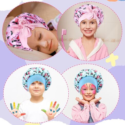 Kids Bonnet, 2 Pcs Breathable Soft Kids Bonnets for Girls Flexible Satin Sleep Bonnet Hair Bonnet for Sleeping Kid Girls(Pink, Purple) in Saudi Arabia