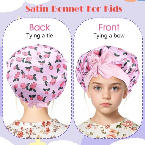 Kids Bonnet, 2 Pcs Breathable Soft Kids Bonnets for Girls Flexible Satin Sleep Bonnet Hair Bonnet for Sleeping Kid Girls(Pink, Purple) in Saudi Arabia