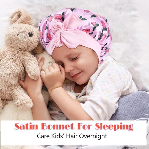 Kids Bonnet, 2 Pcs Breathable Soft Kids Bonnets for Girls Flexible Satin Sleep Bonnet Hair Bonnet for Sleeping Kid Girls(Pink, Purple) in Saudi Arabia
