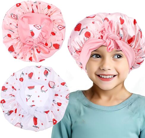Kids Bonnet, 2 Pcs Breathable Soft Kids Bonnets for Girls Flexible Satin Sleep Bonnet Hair Bonnet for Sleeping Kid Girls(Pink, Purple) in Saudi Arabia