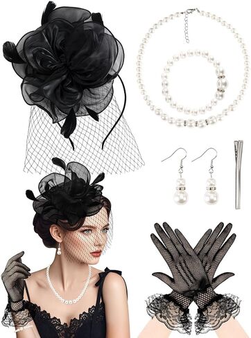5 Pack Fascinators Hat for Women Funeral Veil Hat Tea Party Veil Mesh Headband Feather Derby Hat Lace Gloves Pearl Jewelry Set for 1920s Party in Kuwait