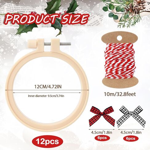 Beeveer 25 قطعة من مجموعات تطريز عيد الميلاد DIY مجموعة زينة عيد الميلاد تتضمن 3 حلقات تطريز صغيرة بدائرة من الخيزران، وأقواس، وحبل قطني لتزيين شجرة عيد الميلاد DIY in Saudi Arabia