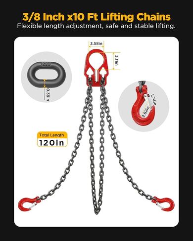 Heavy Duty Lifting Chains with Adjustable Hooks, 5/16 Inch x 10 Ft, Maximum Load 7000lbs, Dual Leg Chain Slings for Industrial Engine Hoist in Saudi Arabia
