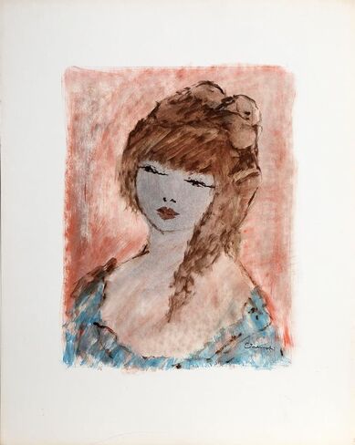 Roger Etienne, Portrait of Girl 107 Gouache On Paper, signed lower right in Saudi Arabia