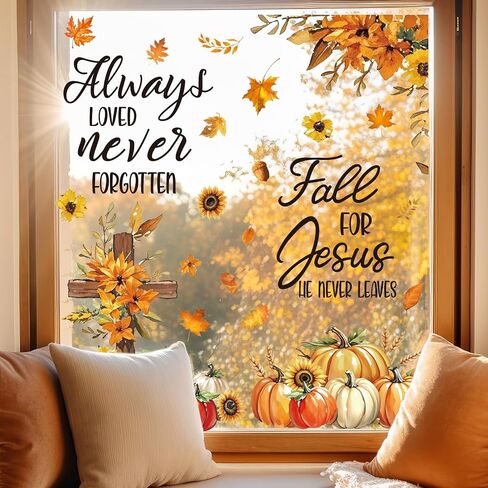 Whaline 6 Sheets Fall Window Clings Fall for يسوع ، لم يترك أبداً عباد الشمس عبر أشارات النافذة القابلة لإعادة الاستخدام لخريف الحصاد كنيسة عيد الشكر الأحد ديكور مدرسة الأحد in Saudi Arabia