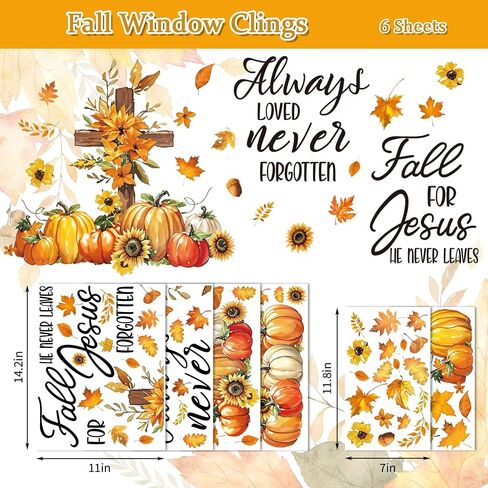 Whaline 6 Sheets Fall Window Clings Fall for يسوع ، لم يترك أبداً عباد الشمس عبر أشارات النافذة القابلة لإعادة الاستخدام لخريف الحصاد كنيسة عيد الشكر الأحد ديكور مدرسة الأحد in Saudi Arabia
