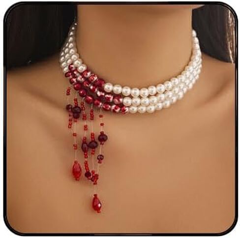 Gothic Blood Pearl Choker Necklace for Women Vintage Bleeding Rose Flower Necklace Adjustable Dripping Bloody Layered Pearls Necklaces Goth Vampire Blood Drip Necklaces Halloween Birthday Party Jewelry in Saudi Arabia