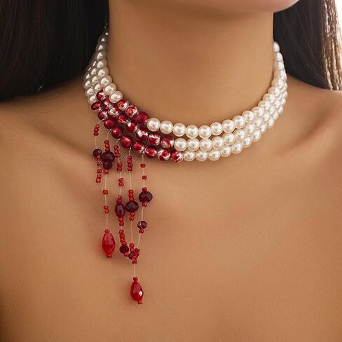 Gothic Blood Pearl Choker Necklace for Women Vintage Bleeding Rose Flower Necklace Adjustable Dripping Bloody Layered Pearls Necklaces Goth Vampire Blood Drip Necklaces Halloween Birthday Party Jewelry in Saudi Arabia