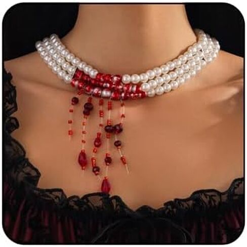 Gothic Blood Pearl Choker Necklace for Women Vintage Bleeding Rose Flower Necklace Adjustable Dripping Bloody Layered Pearls Necklaces Goth Vampire Blood Drip Necklaces Halloween Birthday Party Jewelry in Saudi Arabia