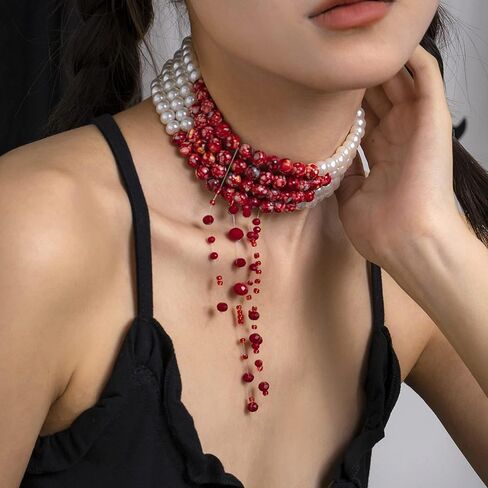 Blood Pearl Necklace for Women Blood Necklace Vampire Costume Jewelry Dripping Bloody Choker Necklaces Pearl Choker Halloween Party Costume in Saudi Arabia