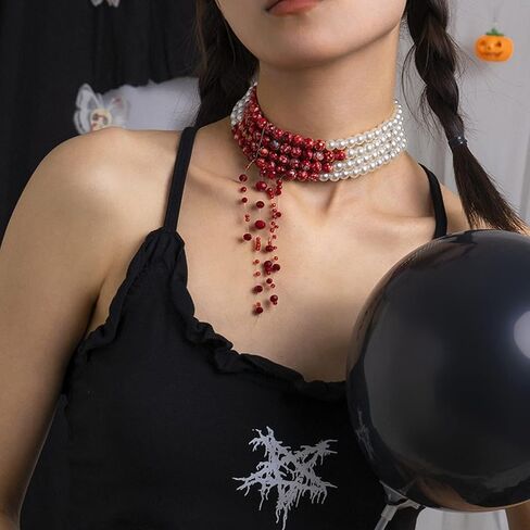 Blood Pearl Necklace for Women Blood Necklace Vampire Costume Jewelry Dripping Bloody Choker Necklaces Pearl Choker Halloween Party Costume in Saudi Arabia