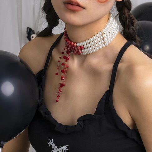 Blood Pearl Necklace for Women Blood Necklace Vampire Costume Jewelry Dripping Bloody Choker Necklaces Pearl Choker Halloween Party Costume in Saudi Arabia