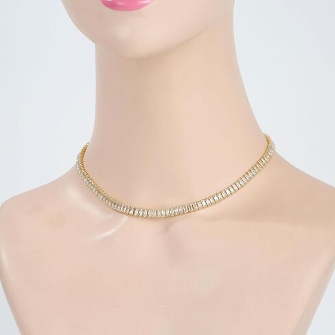 14K Gold Plated Simulated Diamond Tennis Necklace for Women, Rectangle Cubic Zirconia Stones Choker Necklaces Baguette Tennis Chain Dainty Jewelry Gift in Saudi Arabia