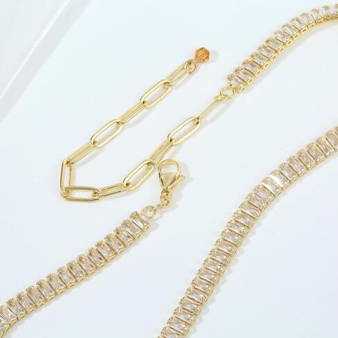14K Gold Plated Simulated Diamond Tennis Necklace for Women, Rectangle Cubic Zirconia Stones Choker Necklaces Baguette Tennis Chain Dainty Jewelry Gift in Saudi Arabia