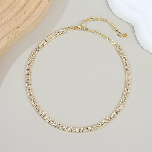 14K Gold Plated Simulated Diamond Tennis Necklace for Women, Rectangle Cubic Zirconia Stones Choker Necklaces Baguette Tennis Chain Dainty Jewelry Gift in Saudi Arabia