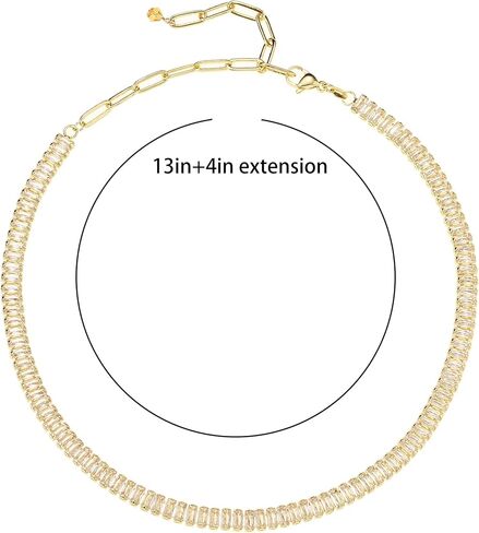 14K Gold Plated Simulated Diamond Tennis Necklace for Women, Rectangle Cubic Zirconia Stones Choker Necklaces Baguette Tennis Chain Dainty Jewelry Gift in Saudi Arabia