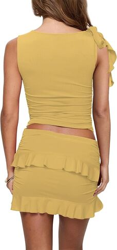 Hesuuio للسيدات من قطعتين من قطعتين مجموعة الصيف عالي الخصر الكشكش Y2K Mini التنانير المصنوعة من محصول بلا أكمام الخروج من الملابس in Kuwait