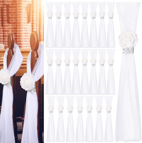 Olgaa الزفاف زخرفة ممر لحفلات الحفل من 24 ، كرسي زفاف الزهور زهور الزهور ديكورات الكنيسة مع الورود البيضاء الاصطناعية in Kuwait