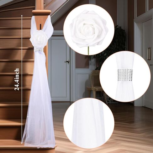 Olgaa الزفاف زخرفة ممر لحفلات الحفل من 24 ، كرسي زفاف الزهور زهور الزهور ديكورات الكنيسة مع الورود البيضاء الاصطناعية in Kuwait