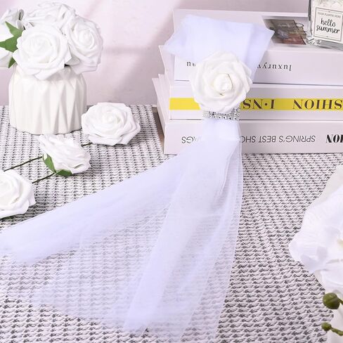 Olgaa الزفاف زخرفة ممر لحفلات الحفل من 24 ، كرسي زفاف الزهور زهور الزهور ديكورات الكنيسة مع الورود البيضاء الاصطناعية in Kuwait