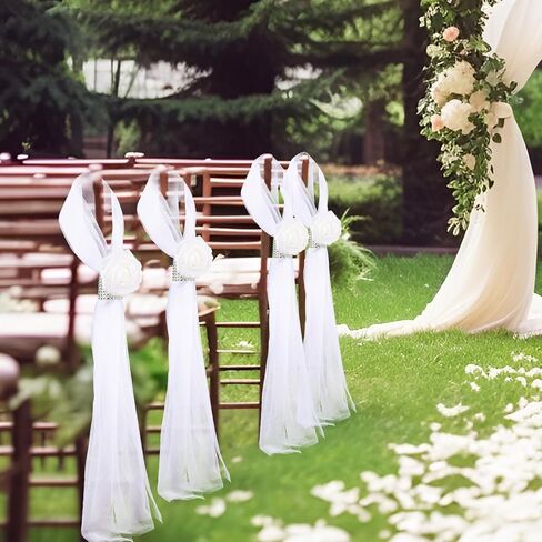 Olgaa الزفاف زخرفة ممر لحفلات الحفل من 24 ، كرسي زفاف الزهور زهور الزهور ديكورات الكنيسة مع الورود البيضاء الاصطناعية in Kuwait