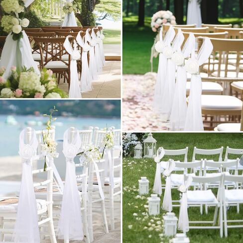 Olgaa الزفاف زخرفة ممر لحفلات الحفل من 24 ، كرسي زفاف الزهور زهور الزهور ديكورات الكنيسة مع الورود البيضاء الاصطناعية in Kuwait