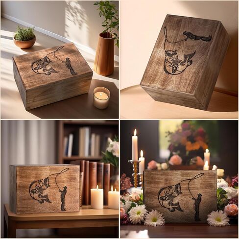 Cremation Urns for Human Ashes - Fishing Wooden Box and Casket for Men, Women and Child Ashes - Funeral Memorial Burial Urn for Cat Dog Pet Ashes - Large (200 Cu/in) in Kuwait