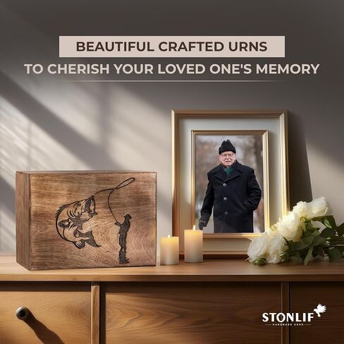 Cremation Urns for Human Ashes - Fishing Wooden Box and Casket for Men, Women and Child Ashes - Funeral Memorial Burial Urn for Cat Dog Pet Ashes - Large (200 Cu/in) in Kuwait