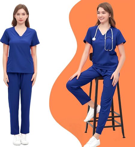 موحدة طبية امتداد V-neck Scrub Top & Jogger Pant مع جيوب ، فرك لتجميع ، ملابس عمل للجنسين in Kuwait