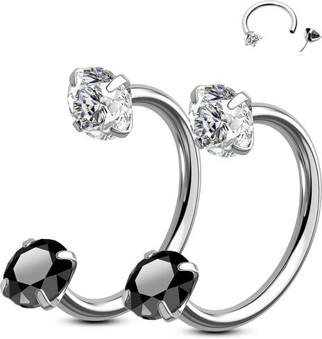 OUFER 2PCS 316L Surgical Steel Horseshoe Nose Rings Hoops, 20G Push Pin Threadless Nose Rings For Women Men, Double Crystal Horseshoe Septum Lip Eyebrow Helix Daith Ear Piercing Jewelry-7mm and 8mm in Saudi Arabia