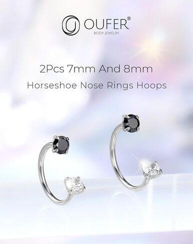 OUFER 2PCS 316L Surgical Steel Horseshoe Nose Rings Hoops, 20G Push Pin Threadless Nose Rings For Women Men, Double Crystal Horseshoe Septum Lip Eyebrow Helix Daith Ear Piercing Jewelry-7mm and 8mm in Saudi Arabia