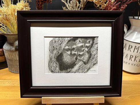 Raccoons Nature Wildlife Graphite Pencil Art Sketch رسم طباعة صورة محدودة الإصدار ~ بعنوان "Hideout Til Lights Out" بواسطة David Allen (8x10 Brown Frame & Print) in Saudi Arabia