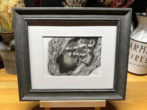 Raccoons Nature Wildlife Graphite Pencil Art Sketch رسم طباعة صورة محدودة الإصدار ~ بعنوان "Hideout Til Lights Out" بواسطة David Allen (8x10 Brown Frame & Print) in Saudi Arabia