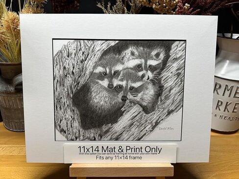 Raccoons Nature Wildlife Graphite Pencil Art Sketch رسم طباعة صورة محدودة الإصدار ~ بعنوان "Hideout Til Lights Out" بواسطة David Allen (8x10 Brown Frame & Print) in Saudi Arabia