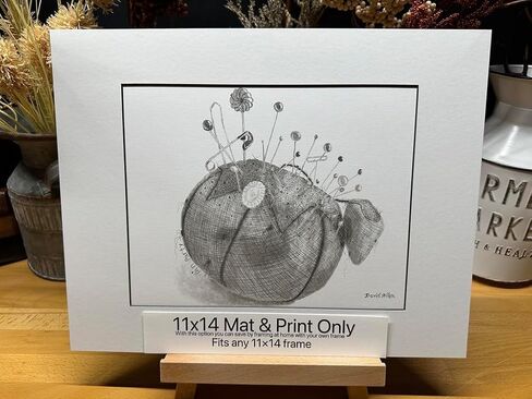 Pincushion Sewing Room Decor Pin Cushion Graphite Pencil Art Sketch Drawing Print Picture Limited Edition ~ Titled 'Pin Party' by David Allen (8x10 Black Frame & Print) in Saudi Arabia