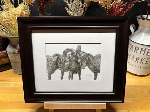 Rams Nature Wildlife Graphite Pencil Art Sketch Drawing Print Picture Limited Edition ~ Titled 'Family Strong' by David Allen (11x14 Brown Frame & Print) in Saudi Arabia