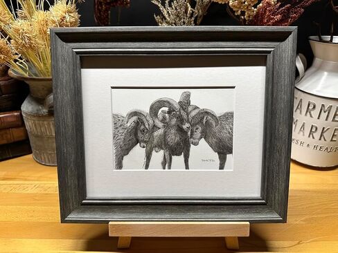 Rams Nature Wildlife Graphite Pencil Art Sketch Drawing Print Picture Limited Edition ~ Titled 'Family Strong' by David Allen (11x14 Brown Frame & Print) in Saudi Arabia